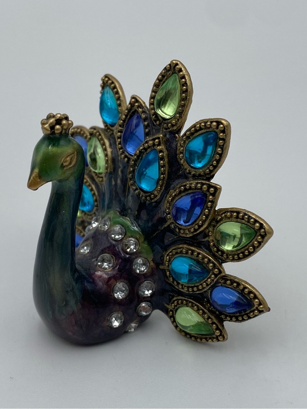 Glass and Metal Peacock Figurine with Blue and Green Accents